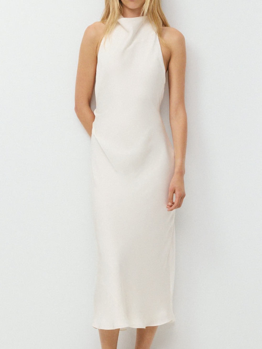 Aritzia Audience Satin Maxi Halter Dress - Light Birch